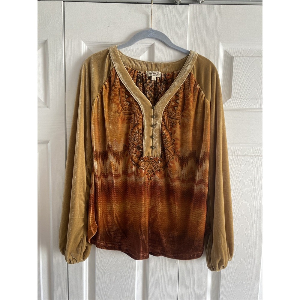 One World Womens Small Yellow Velour Tunic Top Goblincore Long Sleeve